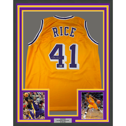 Framed Autographed/Signed Glen Rice 35x39 Los Angeles LA Yellow Basketball Jersey Beckett BAS COA