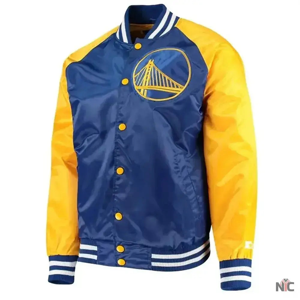 Golden State Warriors Blue and Yellow Satin Varsity Jacket