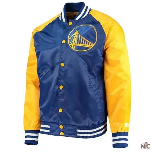 Golden State Warriors Blue and Yellow Satin Varsity Jacket