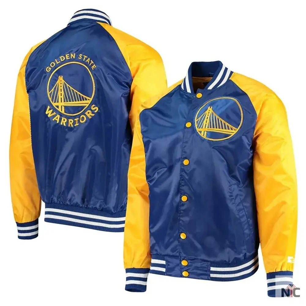 Golden State Warriors Blue and Yellow Satin Varsity Jacket