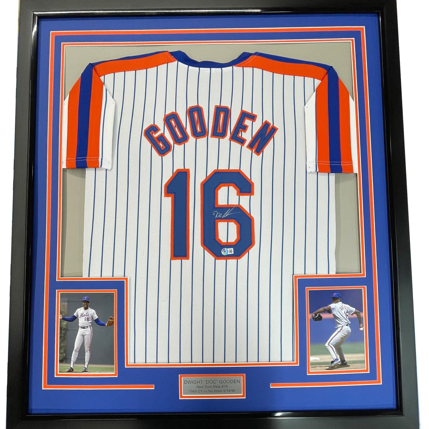 Framed Autographed/Signed Dwight Doc Gooden 35x39 New York Pinstripe Baseball Jersey PSA/DNA COA