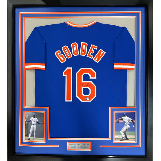 Framed Autographed/Signed Dwight Doc Gooden 35x39 New York Blue Baseball Jersey JSA COA