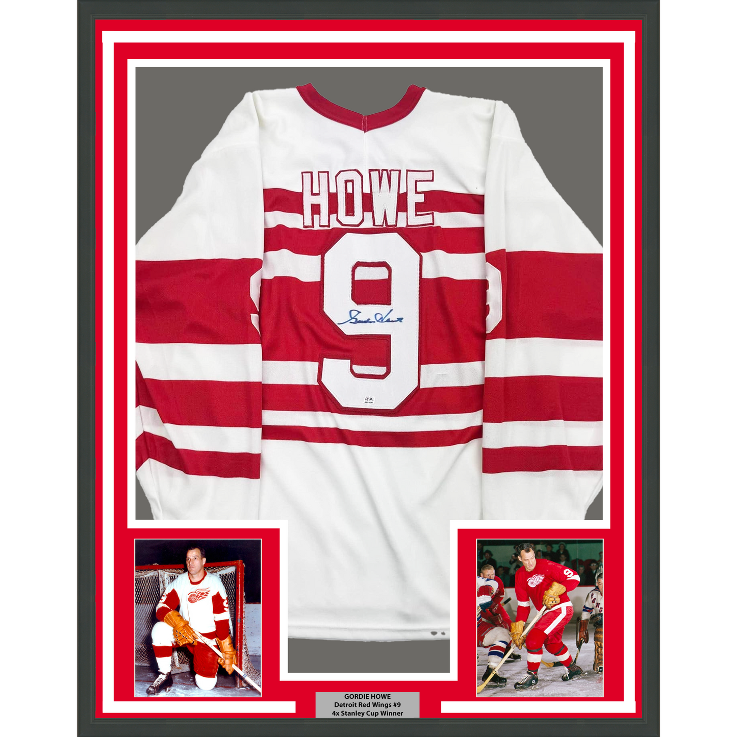 Framed Autographed/Signed Gordie Howe 35x39 Detroit White Hockey Jersey PSA COA