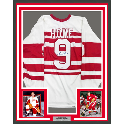 Framed Autographed/Signed Gordie Howe 35x39 Detroit White Hockey Jersey PSA COA