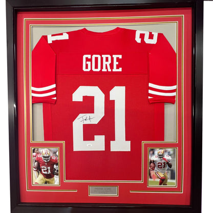 Framed Autographed/Signed Frank Gore 35x39 San Francisco Red Football Jersey JSA COA