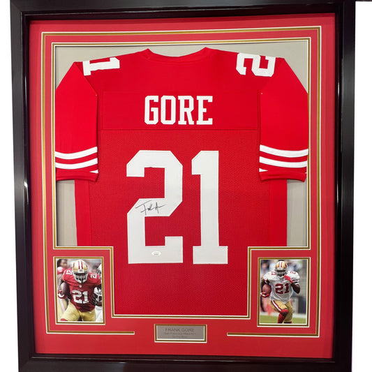 Framed Autographed/Signed Frank Gore 35x39 San Francisco Red Football Jersey JSA COA