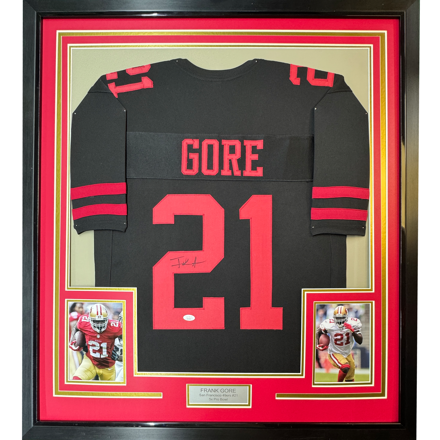 Framed Autographed/Signed Frank Gore 35x39 San Francisco Black Football Jersey Beckett BAS COA