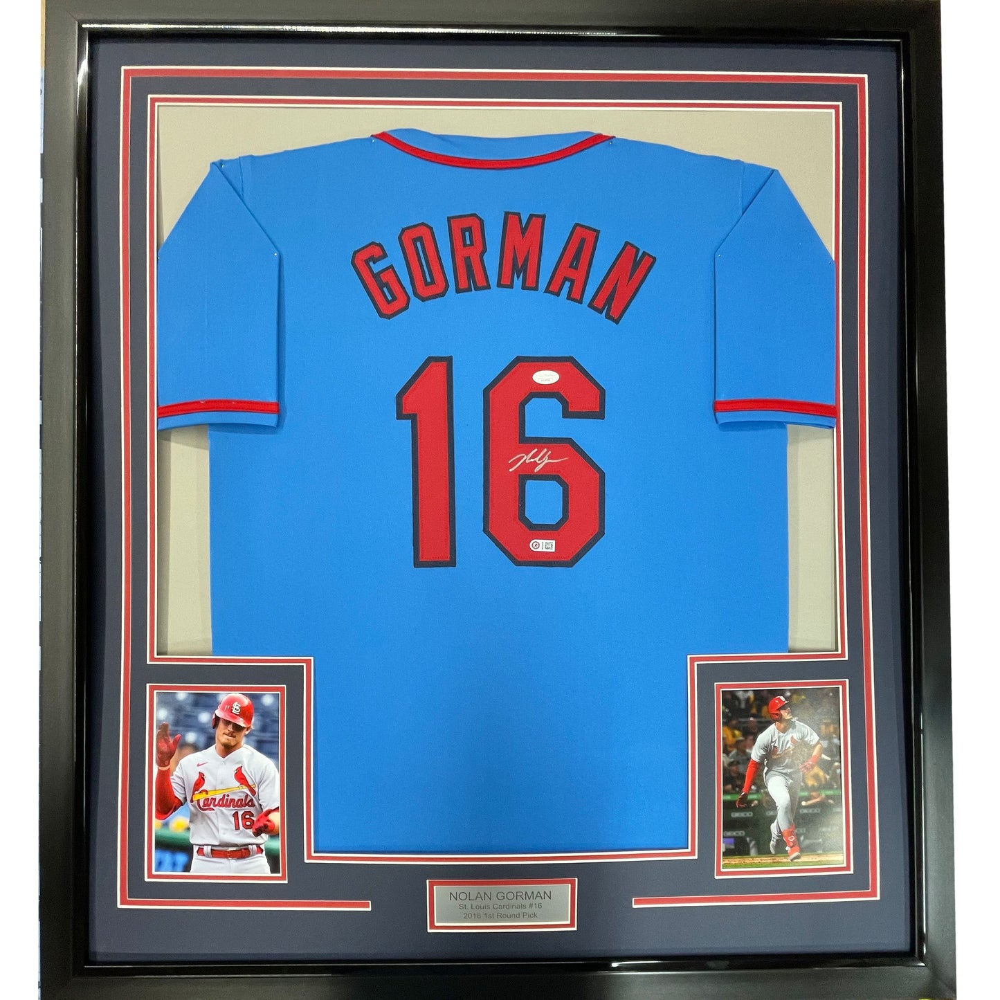 Framed Autographed/Signed Nolan Gorman 35x39 St. Louis Blue Baseball Jersey JSA COA