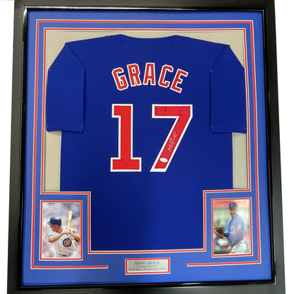 Framed Autographed/Signed Mark Grace 35x39 Chicago Blue Baseball Jersey JSA COA