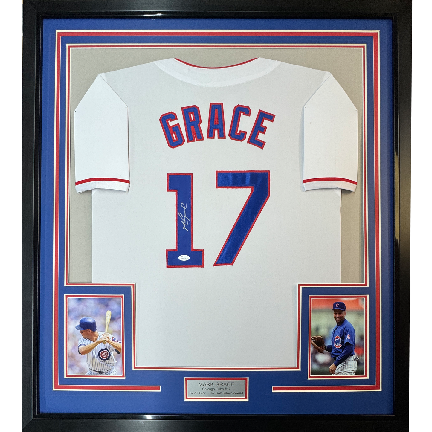 Framed Autographed/Signed Mark Grace 35x39 Chicago White Baseball Jersey JSA COA