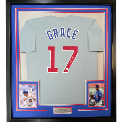 Framed Autographed/Signed Mark Grace 35x39 Chicago Grey Baseball Jersey JSA COA