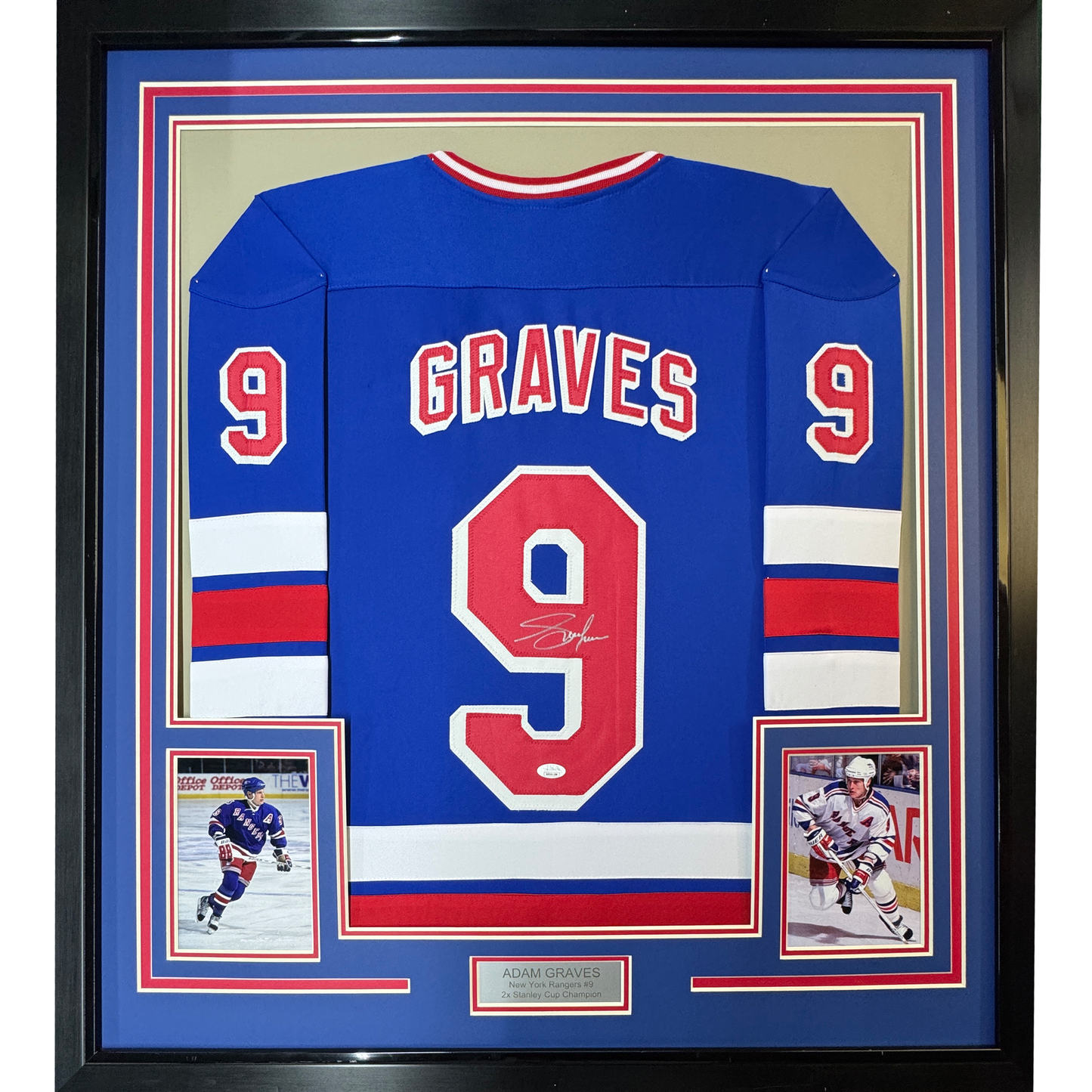 Framed Autographed/Signed Adam Graves 35x39 New York Blue Hockey Jersey Beckett BAS COA