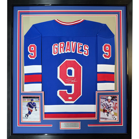 Framed Autographed/Signed Adam Graves 35x39 New York Blue Hockey Jersey Beckett BAS COA