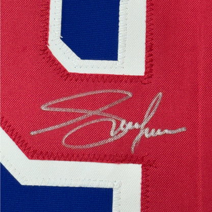 Framed Autographed/Signed Adam Graves 35x39 New York Blue Hockey Jersey Beckett BAS COA