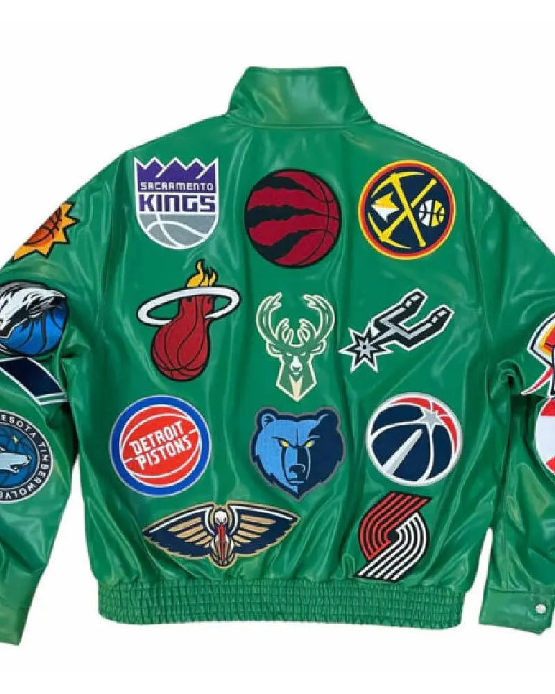 Green NBA Team Collage Jeff Hamilton Leather Jacket