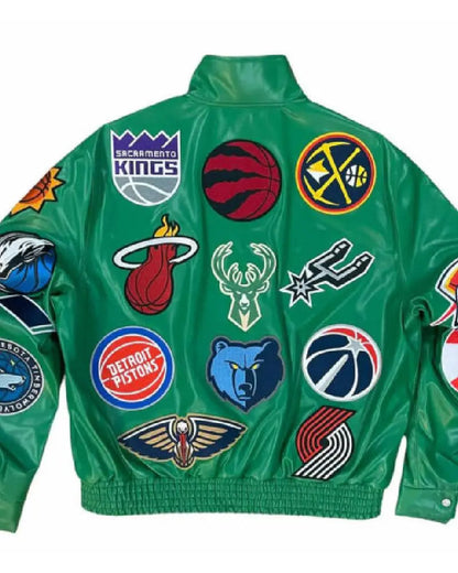 Green NBA Team Collage Jeff Hamilton Leather Jacket