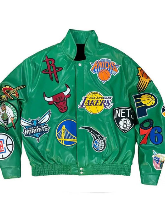 Green NBA Team Collage Jeff Hamilton Leather Jacket