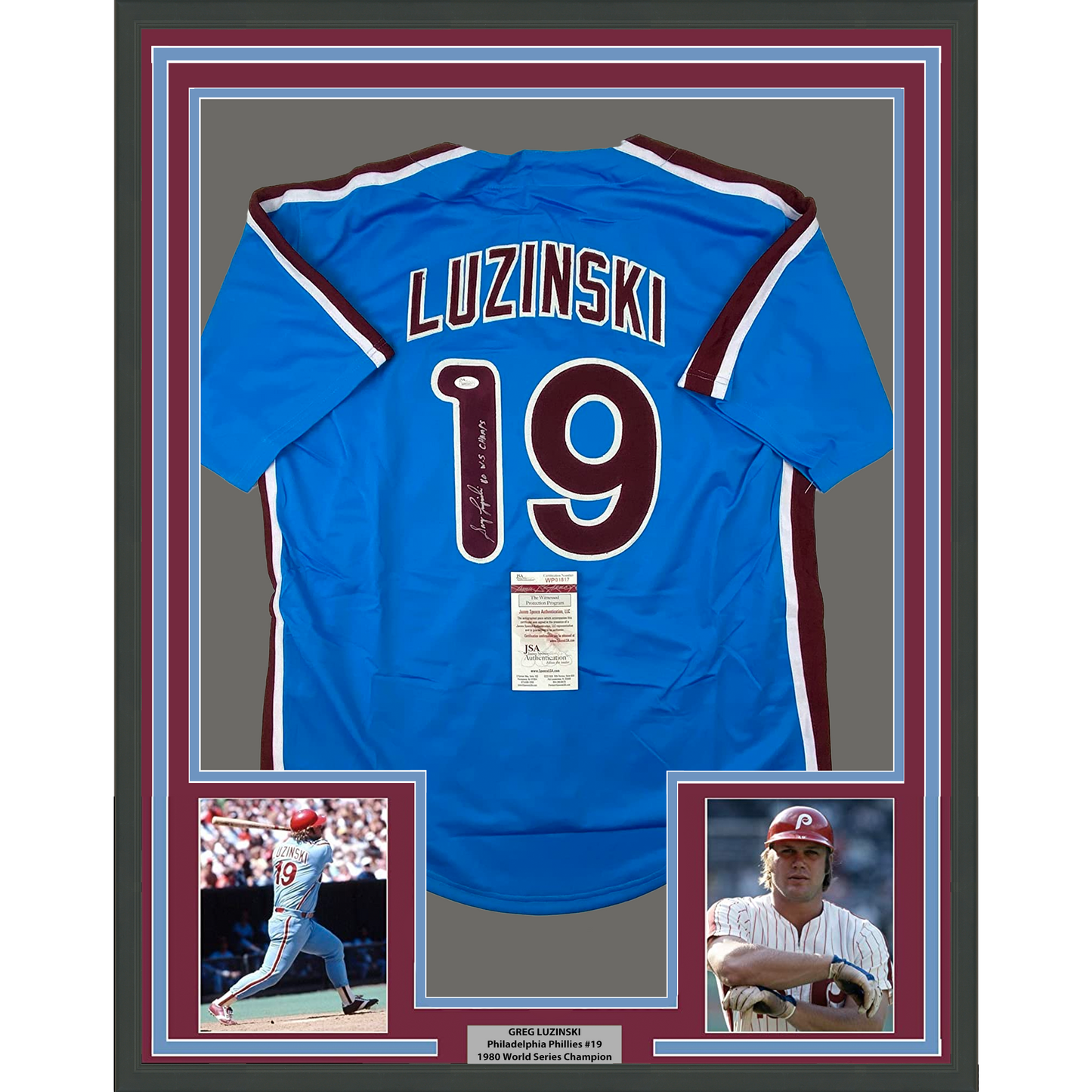 Framed Autographed/Signed Greg Luzinski 35x39 80 WS Champs Philadelphia Retro Blue Baseball Jersey JSA COA