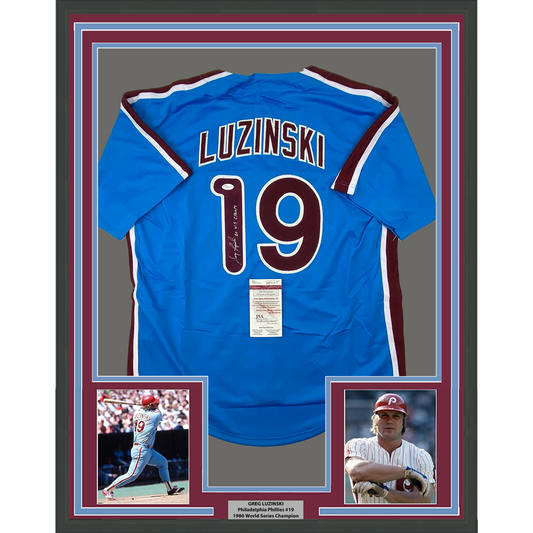 Framed Autographed/Signed Greg Luzinski 35x39 80 WS Champs Philadelphia Retro Blue Baseball Jersey JSA COA