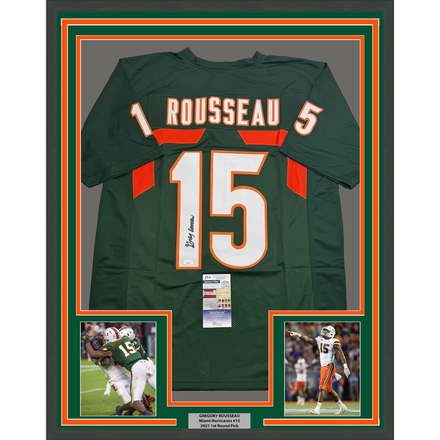 Framed Autographed/Signed Greg Rousseau 35x39 Miami Green College Football Jersey JSA COA