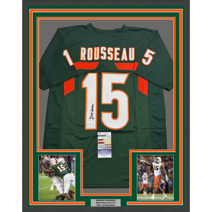 Framed Autographed/Signed Greg Rousseau 35x39 Miami Green College Football Jersey JSA COA