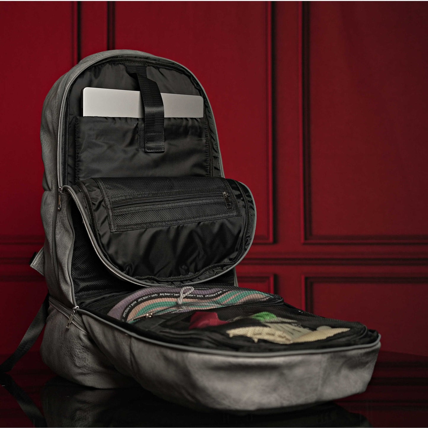 Grey Leather Carry-On Patented Backpack
