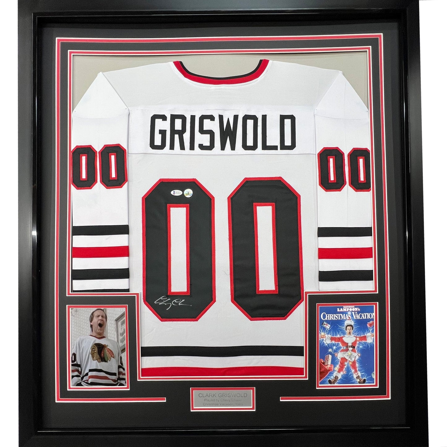Framed Autographed/Signed Chevy Chase 35x39 Clark Griswold Christmas Vacation Movie Chicago White Hockey Jersey Beckett BAS COA
