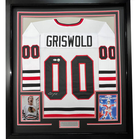 Framed Autographed/Signed Chevy Chase 35x39 Clark Griswold Christmas Vacation Movie Chicago White Hockey Jersey Beckett BAS COA