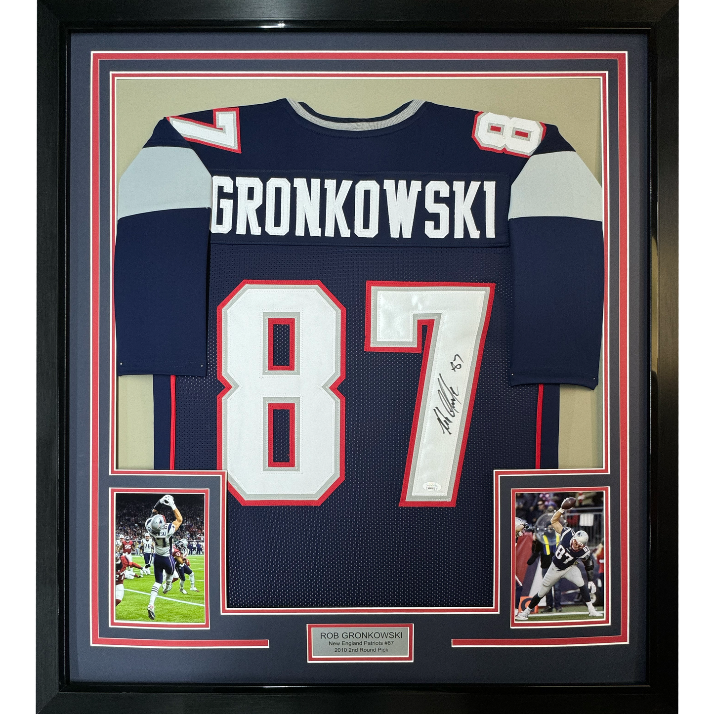 Framed Autographed/Signed Rob Gronkowski 35x39 New England Blue Football Jersey Beckett BAS COA