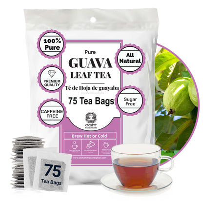 Guava Leaf Tea - 75 Bags, 100% Pure Guava Leaves (Te de Hojas de Guayaba) - Non-GMO, Vegan, Caffeine-Free