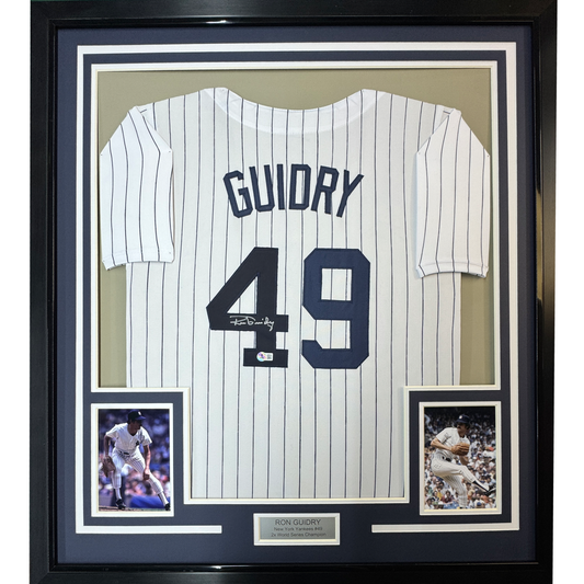 Framed Autographed/Signed Ron Guidry 35x39 New York Pinstripe Baseball Jersey Beckett BAS COA