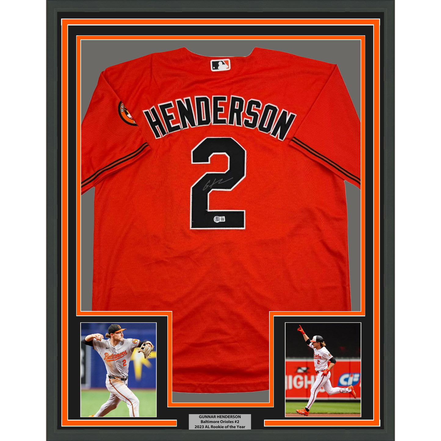 Framed Autographed/Signed Gunnar Henderson 35x39 Baltimore Orange Baseball Jersey Beckett BAS COA
