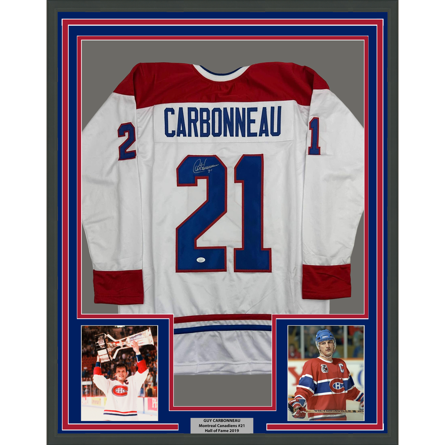 Framed Autographed/Signed Guy Carbonneau 35x39 Montreal White Hockey Jersey JSA COA