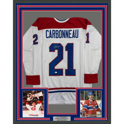 Framed Autographed/Signed Guy Carbonneau 35x39 Montreal White Hockey Jersey JSA COA