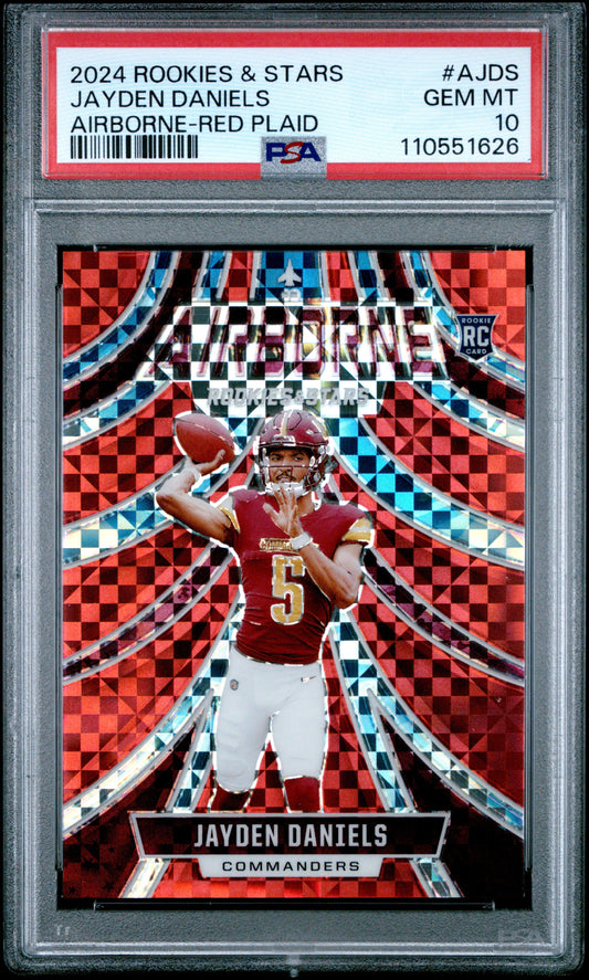 Graded 2024 Panini Rookies & Stars Jayden Daniels #AJDS Airborne Red Plaid Rookie RC Football Card PSA 10 Gem Mint