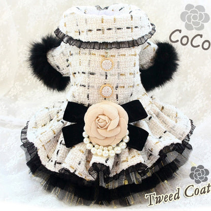Handmade Luxury Tweed Dog Dress with Fur Trim | Designer Small Dog Coat Dress