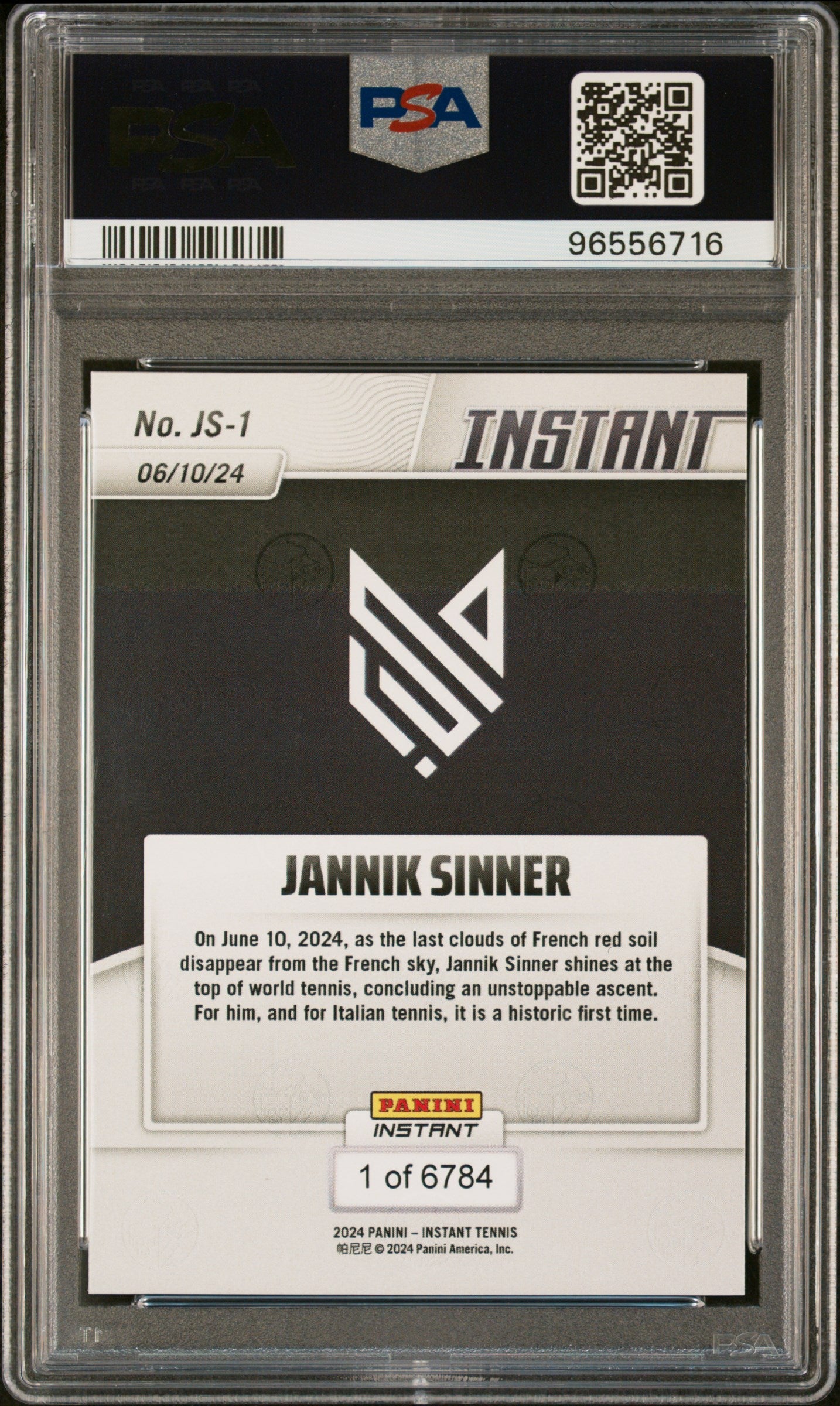 Graded 2024 Panini Instant Jannik Sinner #JS1 New World #1 Rookie RC Tennis Card PSA 10 Gem Mint