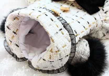 Handmade Luxury Tweed Dog Dress with Fur Trim | Designer Small Dog Coat Dress