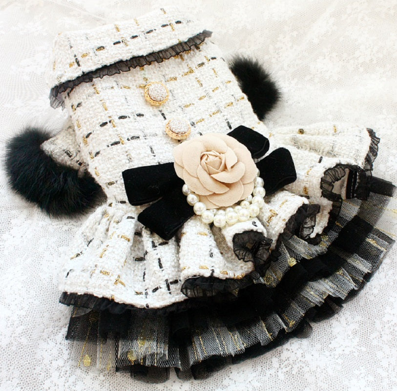 Handmade Luxury Tweed Dog Dress with Fur Trim | Designer Small Dog Coat Dress