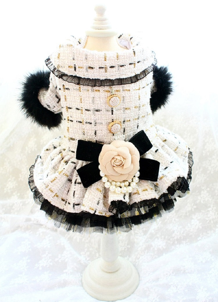 Handmade Luxury Tweed Dog Dress with Fur Trim | Designer Small Dog Coat Dress