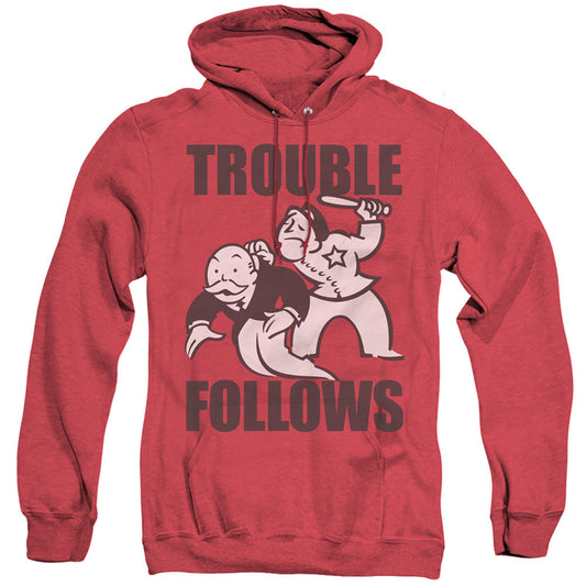 Monopoly Trouble Follows Evergreen Mens Heather Hoodie Red Officially Licensed