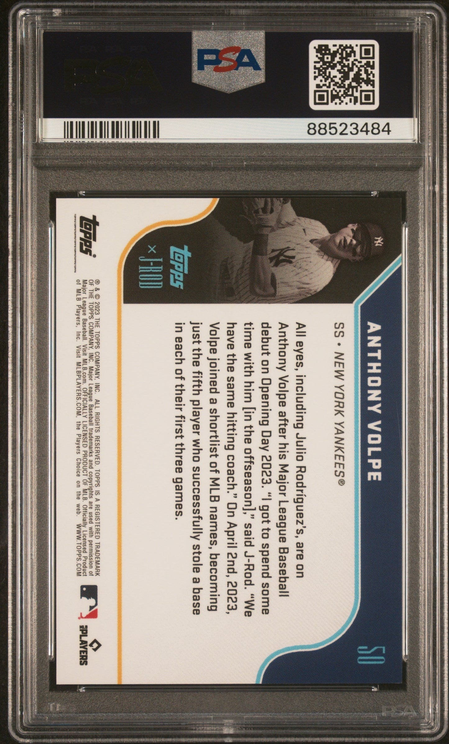 Graded 2023 Topps X J-Rod Anthony Volpe #50 Rookie RC Baseball Card PSA 10 Gem Mint