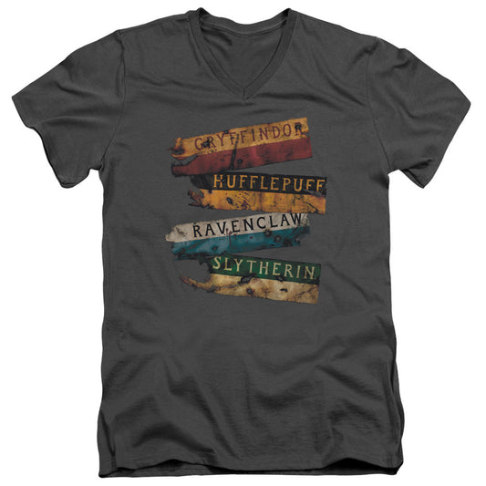 Harry Potter Burnt Banners Mens Slim Fit V-Neck T Shirt Charcoal Officially Licensed