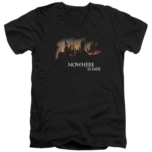 Harry Potter Burning Hogwarts Mens Slim Fit V-Neck T Shirt Black Officially Licensed