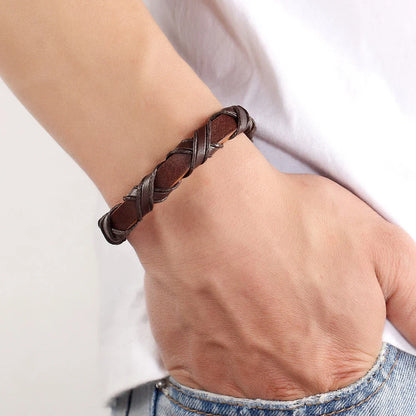 Black/Brown Faux Leather Bracelet Punk Men Jewelry