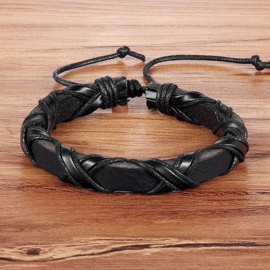 Black/Brown Faux Leather Bracelet Punk Men Jewelry