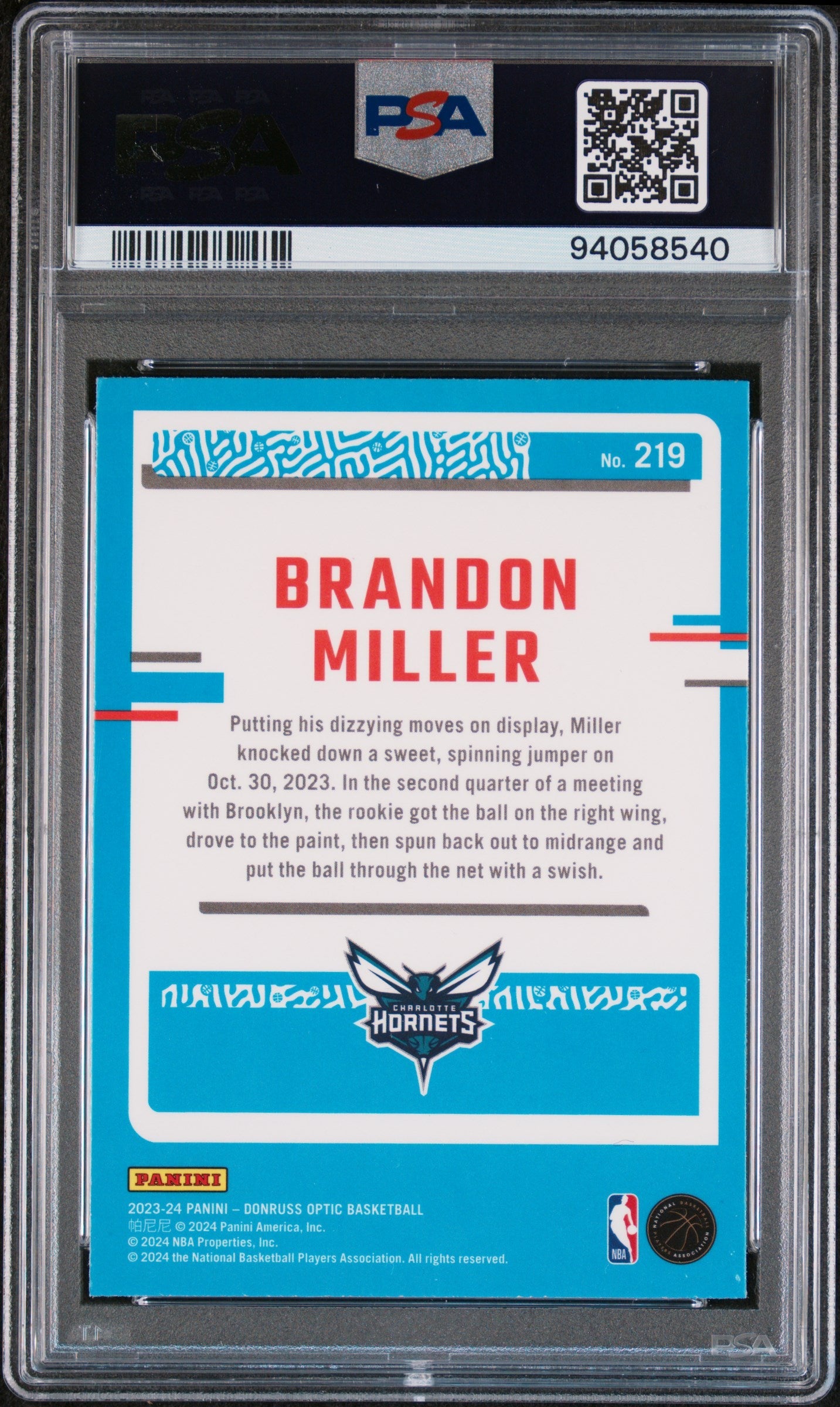 Graded 2023 Panini Donruss Optic Brandon Miller #219 Rookie RC Basketball Card PSA 10 Gem Mint