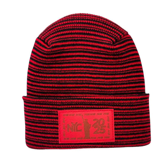 Haakwear NEW YEAR 2025 NYC, Modern H Stitch Contrast Cuffed Beanie / Hat (Patented Design) Black / Red, Made in USA (Limited Edition)