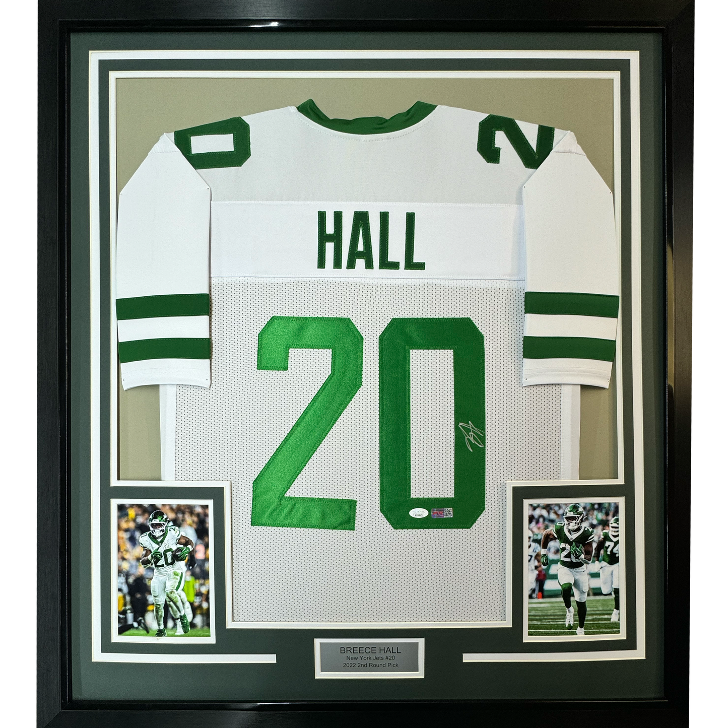 Framed Autographed/Signed Breece Hall 35x39 New York White Football Jersey JSA COA