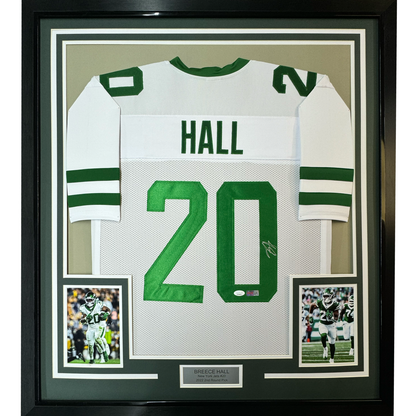Framed Autographed/Signed Breece Hall 35x39 New York White Football Jersey JSA COA